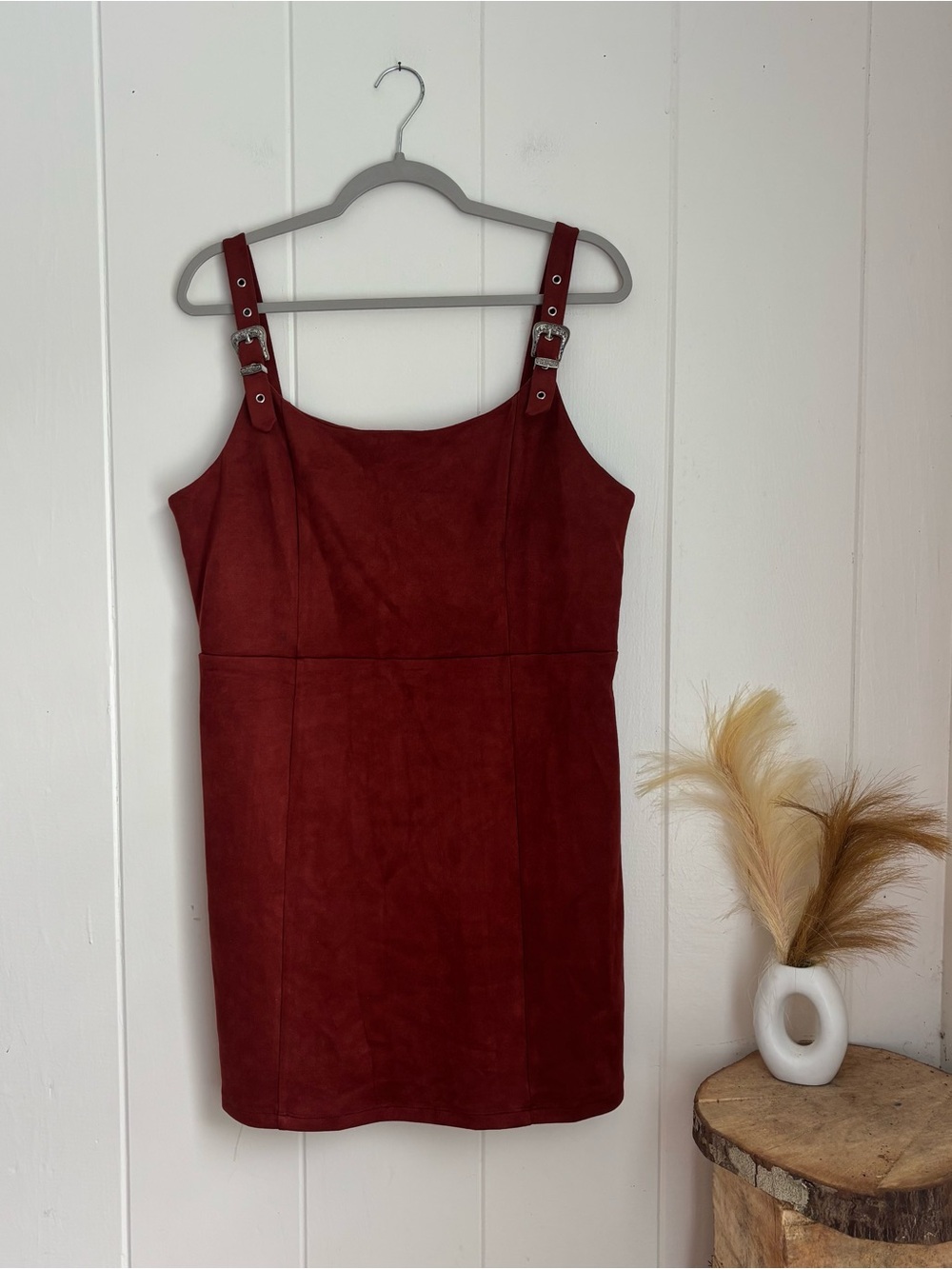 As U Wish Burgundy Suede Buckle-Strap Mini Dress